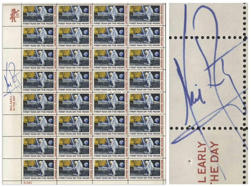 Neil Armstrong Signed Sheet of C76 ''First Man on the Moon'' Stamps, Issued in 1969